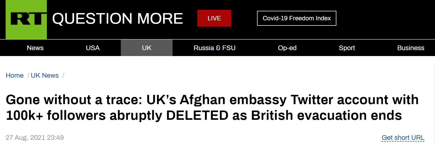 英军正结束喀布尔撤离行动，英国驻阿使馆推特账号突然显示“不存在”（美军轰炸喀布尔机场）