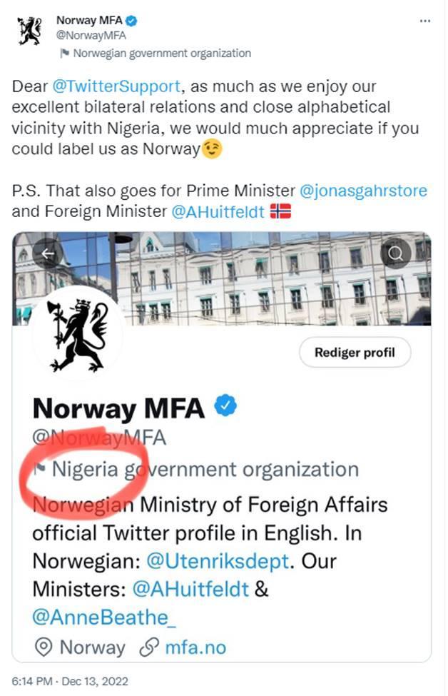 挪威外交部称被推特标成“尼日利亚政府机构”引热议，马斯克：抱歉（尼日利亚禁用推特）