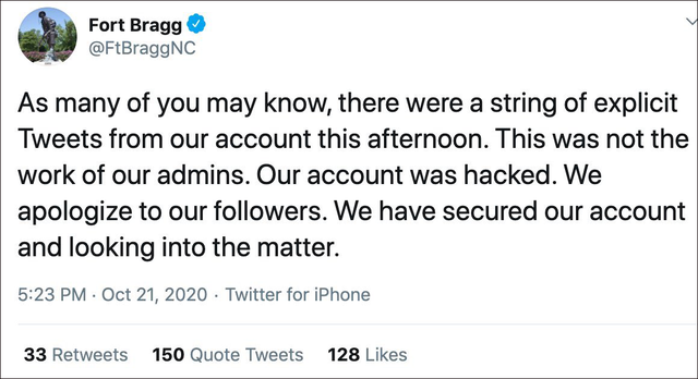 官方推特发布淫秽信息后，美军基地：我们账号被黑了（推特下面的@乱码）