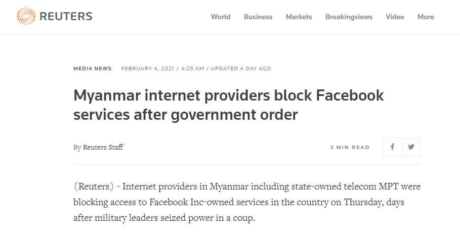 缅甸军方宣布封锁Facebook（缅甸军方不受政府控制）